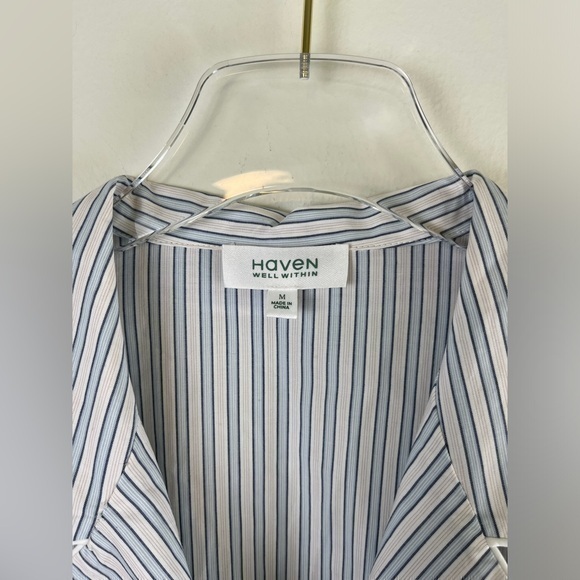 NWT Haven Well Within Sleep Shirt M All Cotton White Blue Striped Button Up - Picture 2 of 6